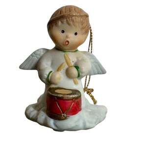 Angel Boy Drummer Christmas Ornament Gold Cord Holiday Vintage Style
